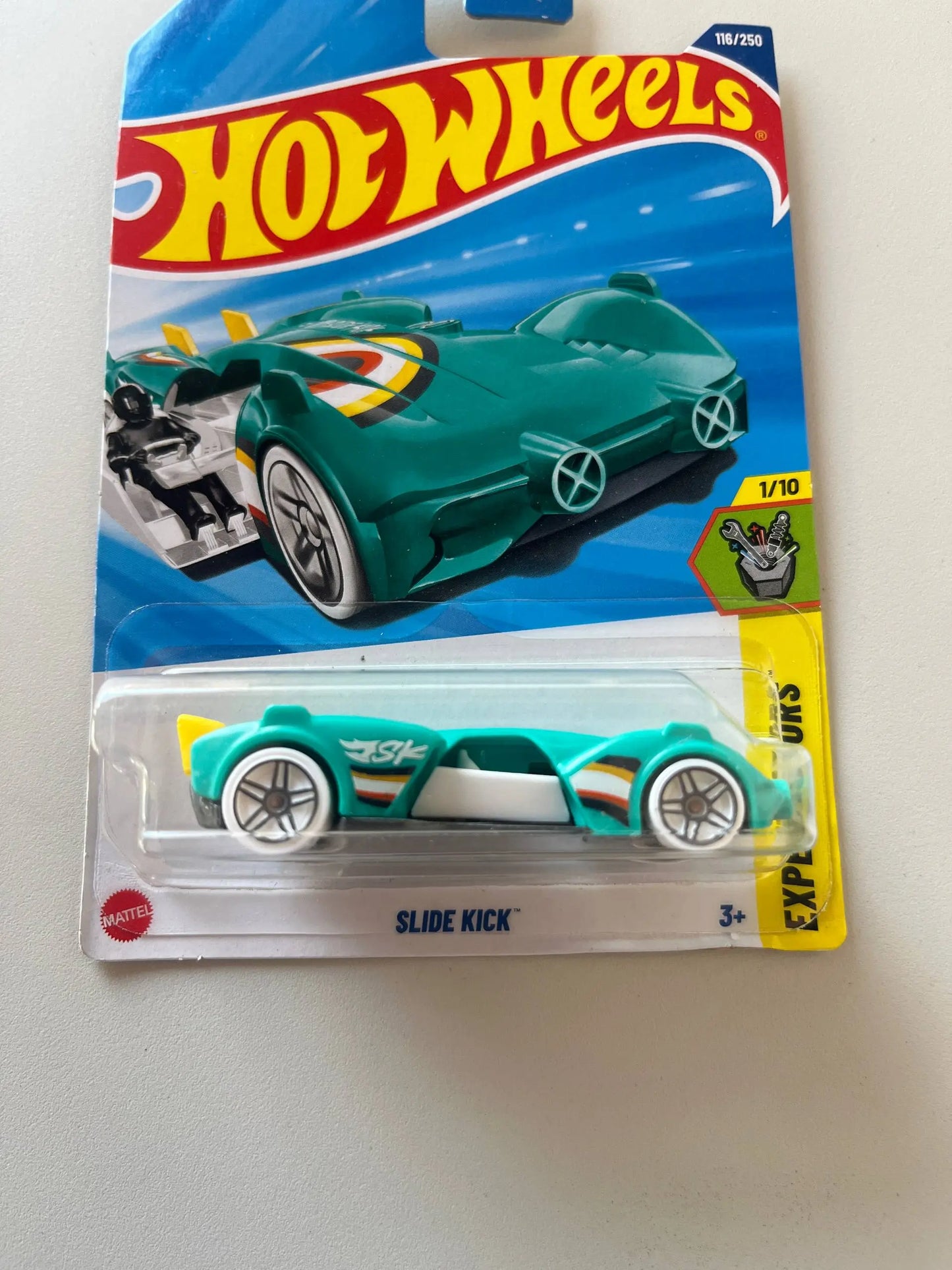 Hot Wheels Slide Kick – 116/250 Die-Cast Car (1/10 Experimotors Series, Teal/White)